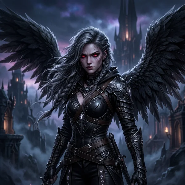 Asmodian female Assassin with crimson eyes and dark wings in Pandaemonium