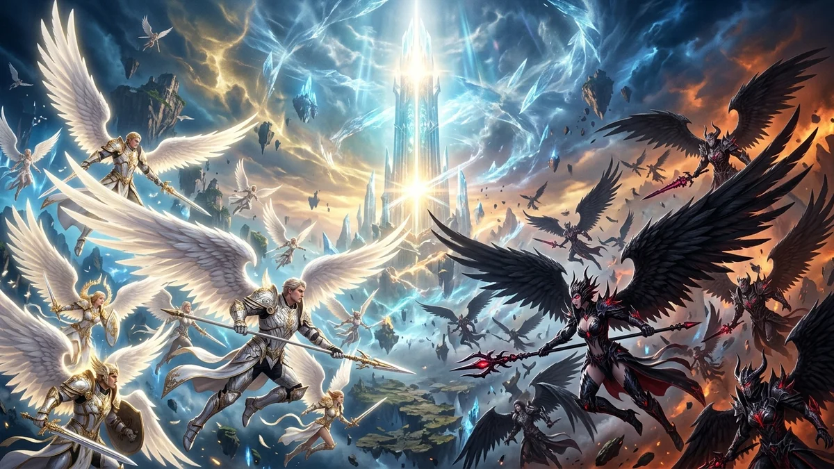 Atreia battlefield visual reference showing Elyos and Asmodian Daeva wings clashing under the Tower of Eternity