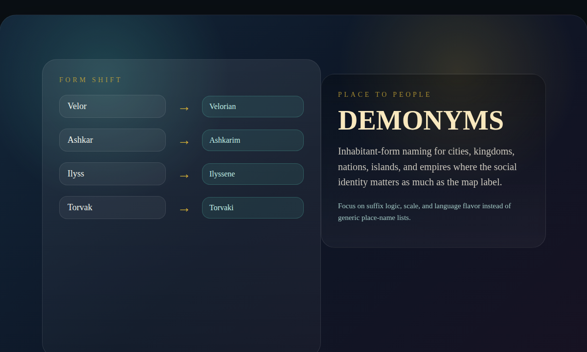 Demonym transformation chart showing how place names become inhabitant forms for cities, kingdoms, islands, and empires.