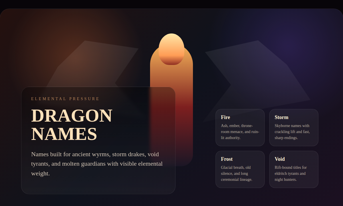Elemental dragon naming board showing fire, frost, storm, and void archetypes for mythical creature naming.
