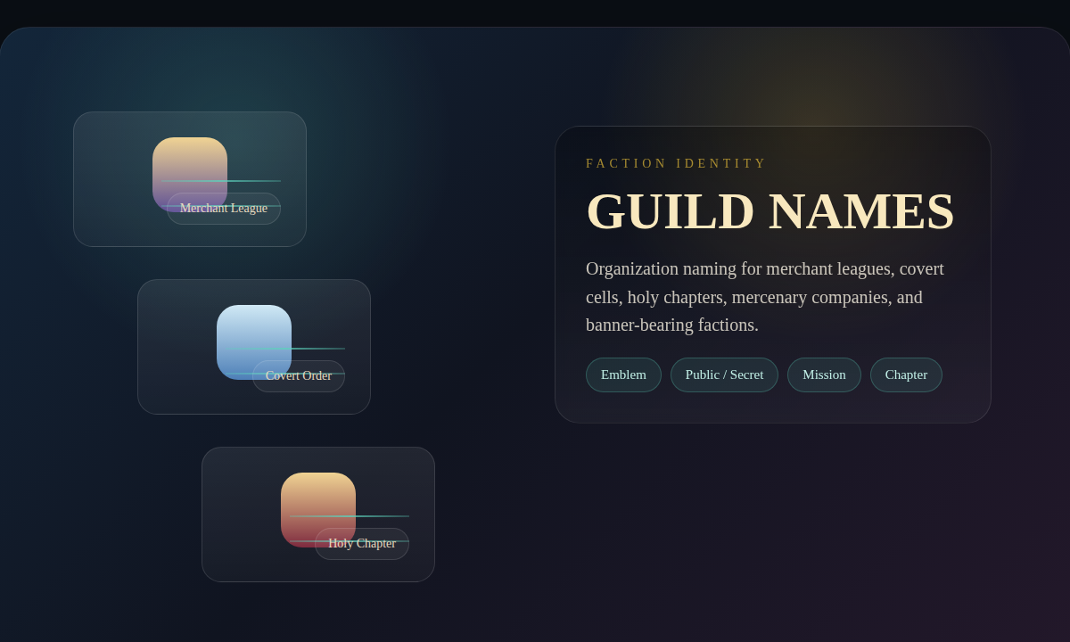 Faction board showing guild banners, emblems, rank markers, and chapter identity cues for organization naming.