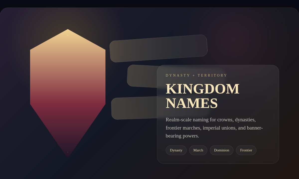 Kingdom naming board with heraldic crest, banners, and dynastic territory cues for realm naming.