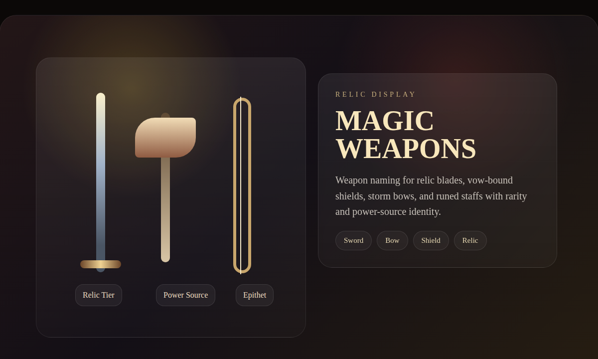 Relic naming board showing rune-etched blades, artifact classes, and rarity cues for legendary weapon naming.