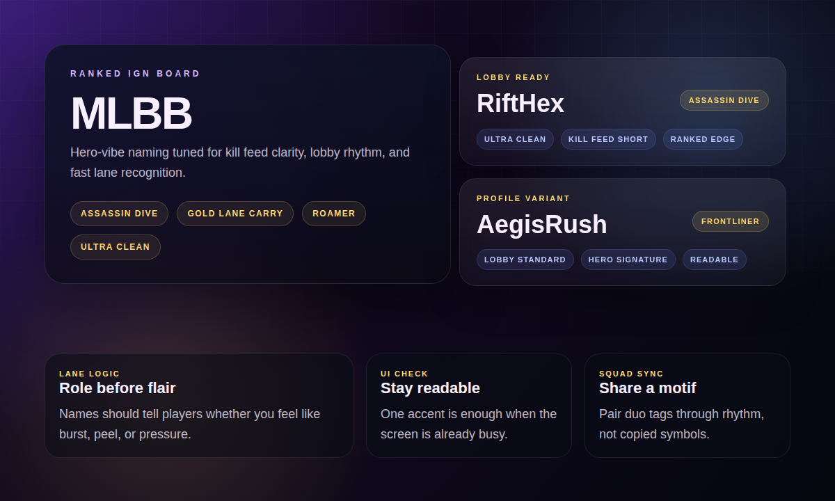 MOBA-style name card showing lane roles, ranked readability, and highlight-ready IGN variants for MLBB naming.