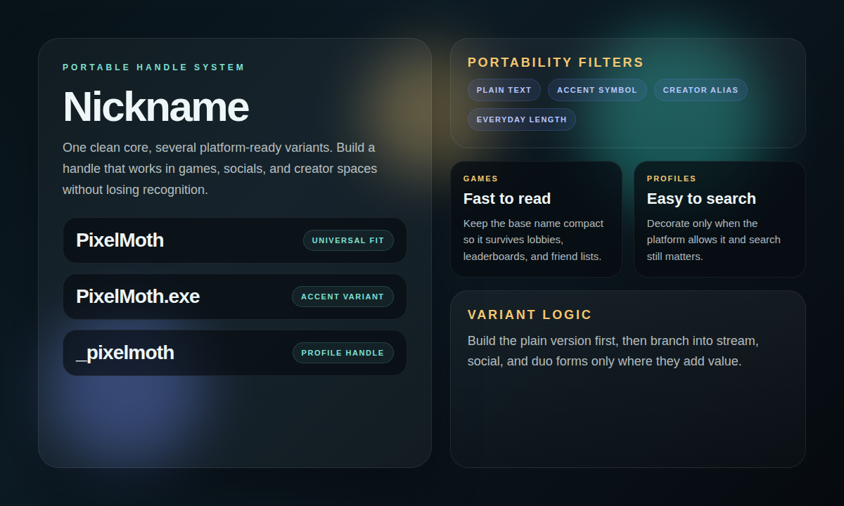 Cross-platform gamer tag board showing clean handle, decorated variant, stream alias, and profile-ready nickname layouts.