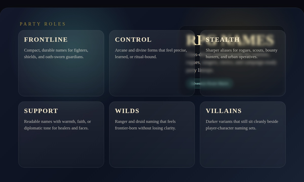 RPG party naming matrix showing frontline, stealth, support, control, wilds, and villain naming roles.
