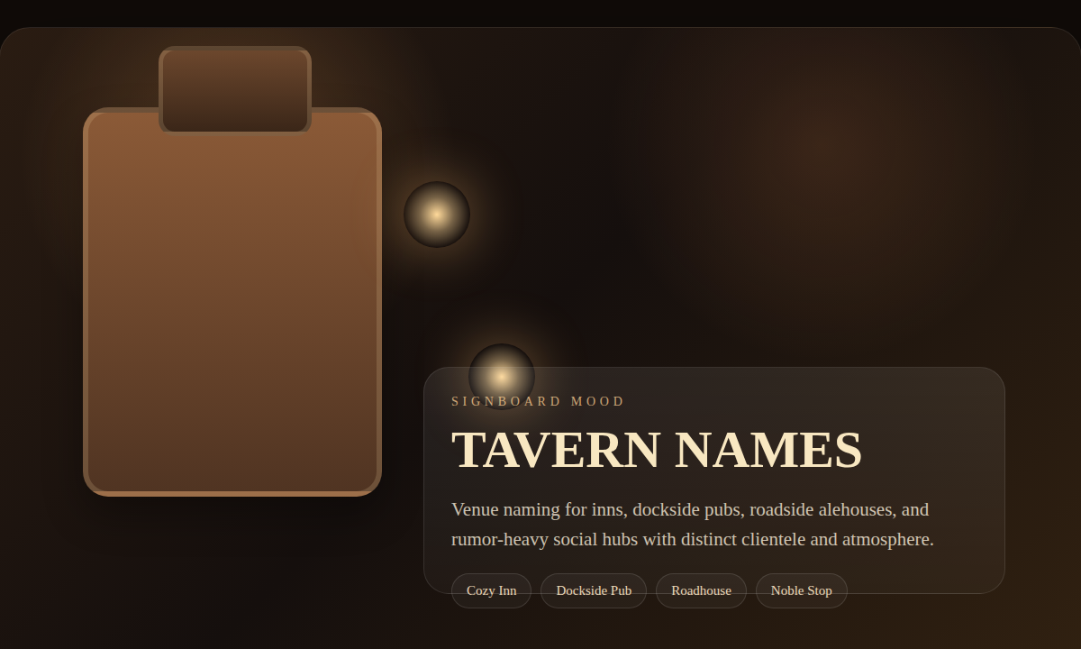 Fantasy tavern naming board featuring a signboard, lamplight, and venue mood cues for inns and pubs.