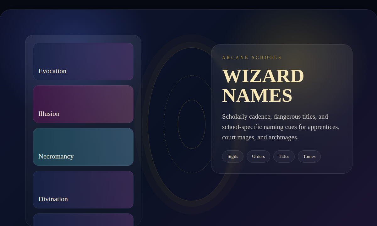 Arcane school board for wizard naming with spell tomes, sigils, and school-specific title cues.